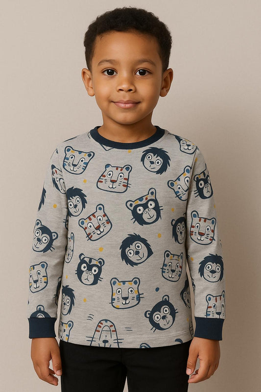 Animal Friends Long Sleeve Tee – Grey | Kids Allover Animal Face Print