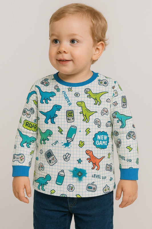 Dino Gamer Long Sleeve Tee – Multicolor | Kids Graphic Print Top