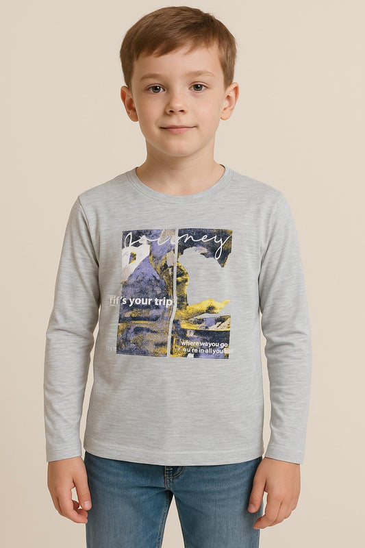 Astro “Journey” 2-piece Long Sleeve Tee – khaki & Heather Grey | Boys Graphic Adventure Shirt