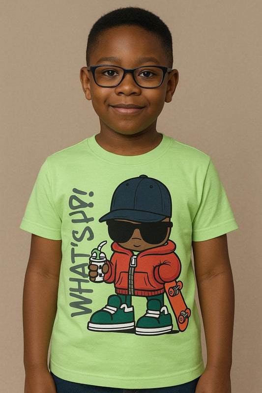What’s Up?” Skater Graphic Tee – Lime Green | Boys Urban Cool T-Shirt