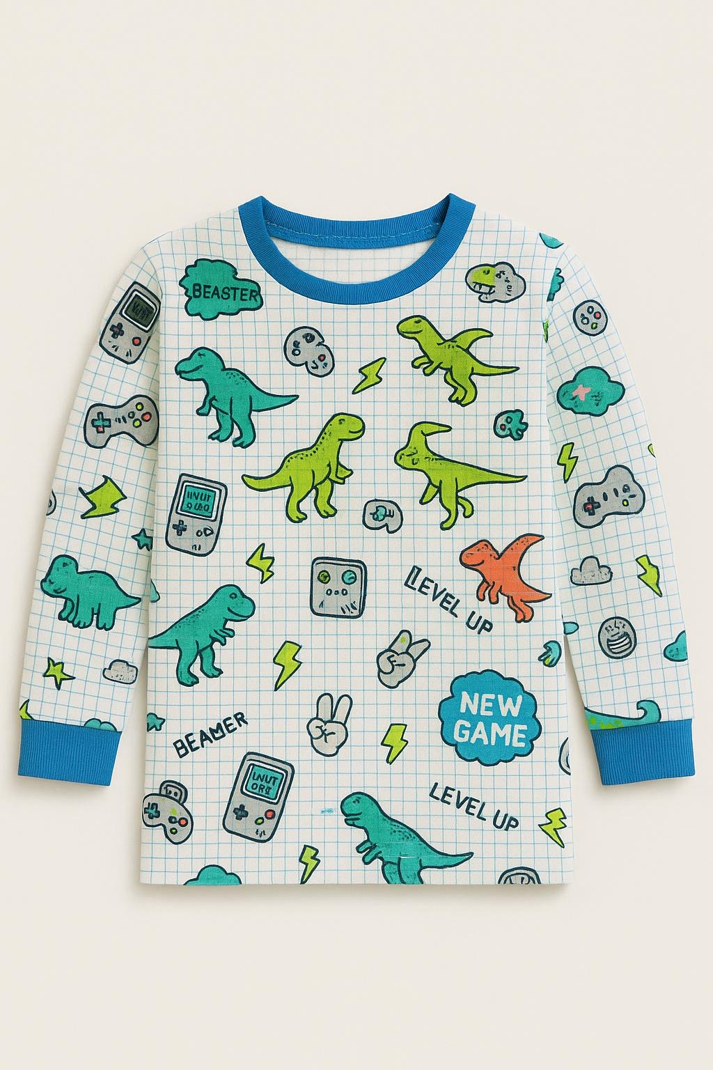 Dino Gamer Long Sleeve Tee – Multicolor | Kids Graphic Print Top