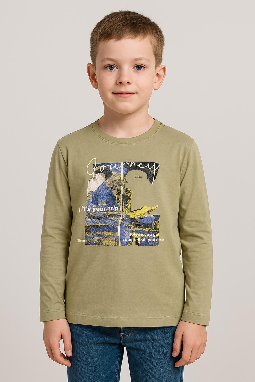 Astro “Journey” 2-piece Long Sleeve Tee – khaki & Heather Grey | Boys Graphic Adventure Shirt
