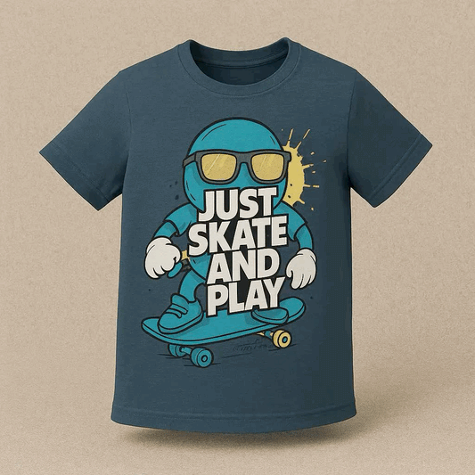 Just Skate and Play Kids T-Shirt – Deep Teal Blue | Cool Skater Graphic Tee