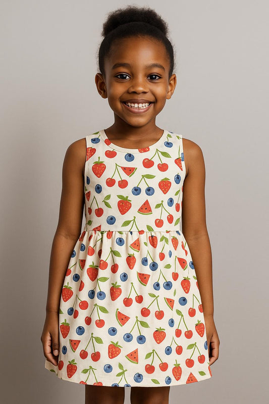Sweet & Fruity Sleeveless Dress – Cream | Girls Summer Fruit Print Dress
