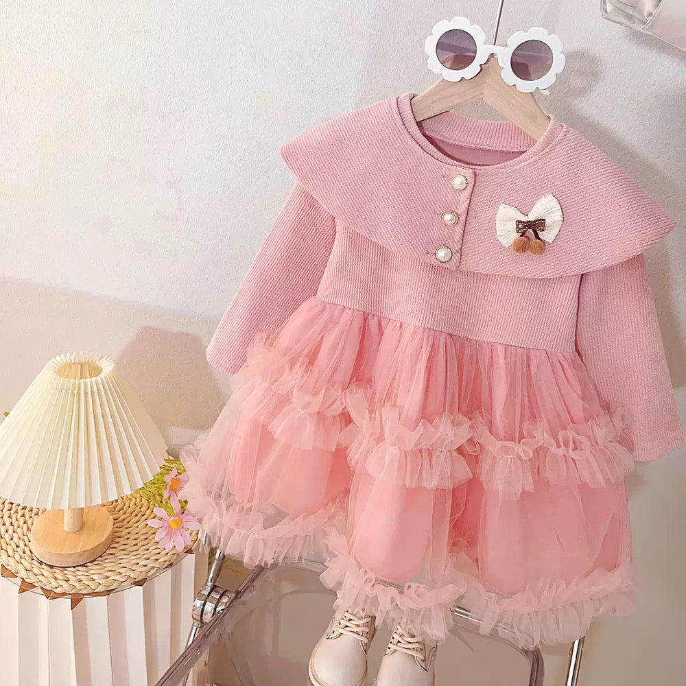 Trendy Children's Wear Girls' dress Spring and Autumn New Children's Baby Girls' Shawl Collar Poncho Yarn Princess Dress Foreign Style