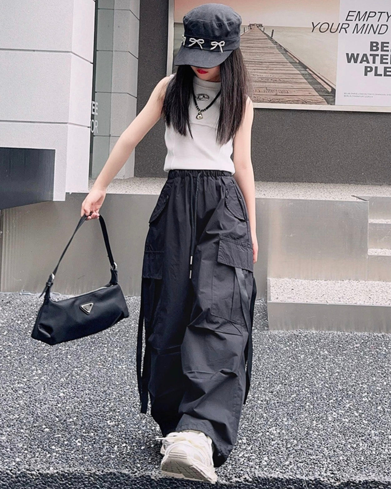 Girls' Summer Overalls Sweet Cool Street Girls' Fashion ELasticated Waist Loose Wide Leg Pants Korean Style Baggy Thin Spring and Autumn Trousers Cargo Black