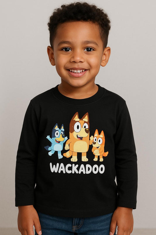WACKADOO Long Sleeve Tee – Black | Kids Bluey Character Shirt