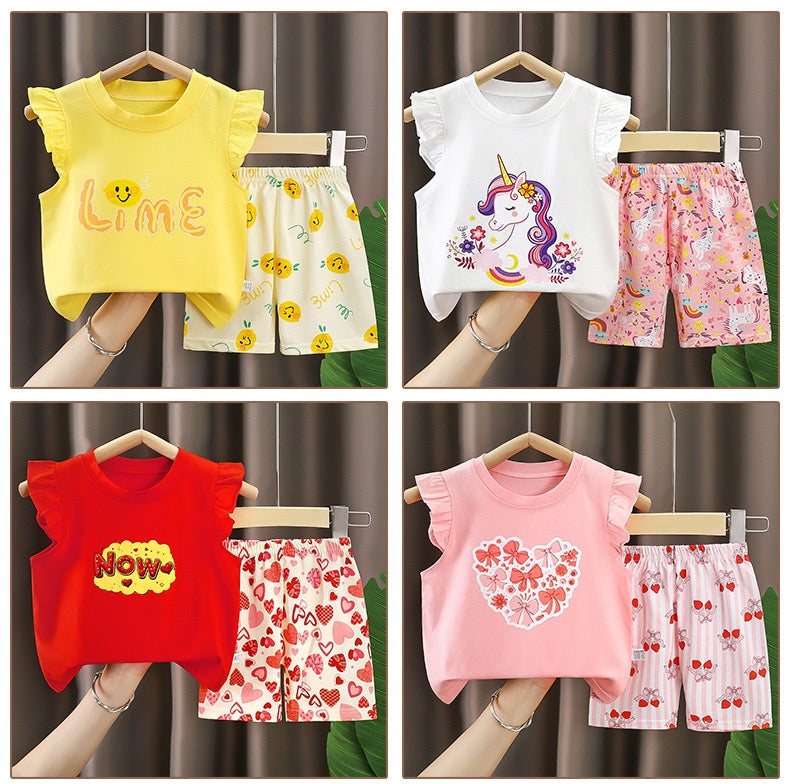 Girls Short-sleeved suit Cotton Summer New Girl Flying-sleeved Shorts Two-piece Set European and American Style Baby Summer Children's Wear Clothes Sets