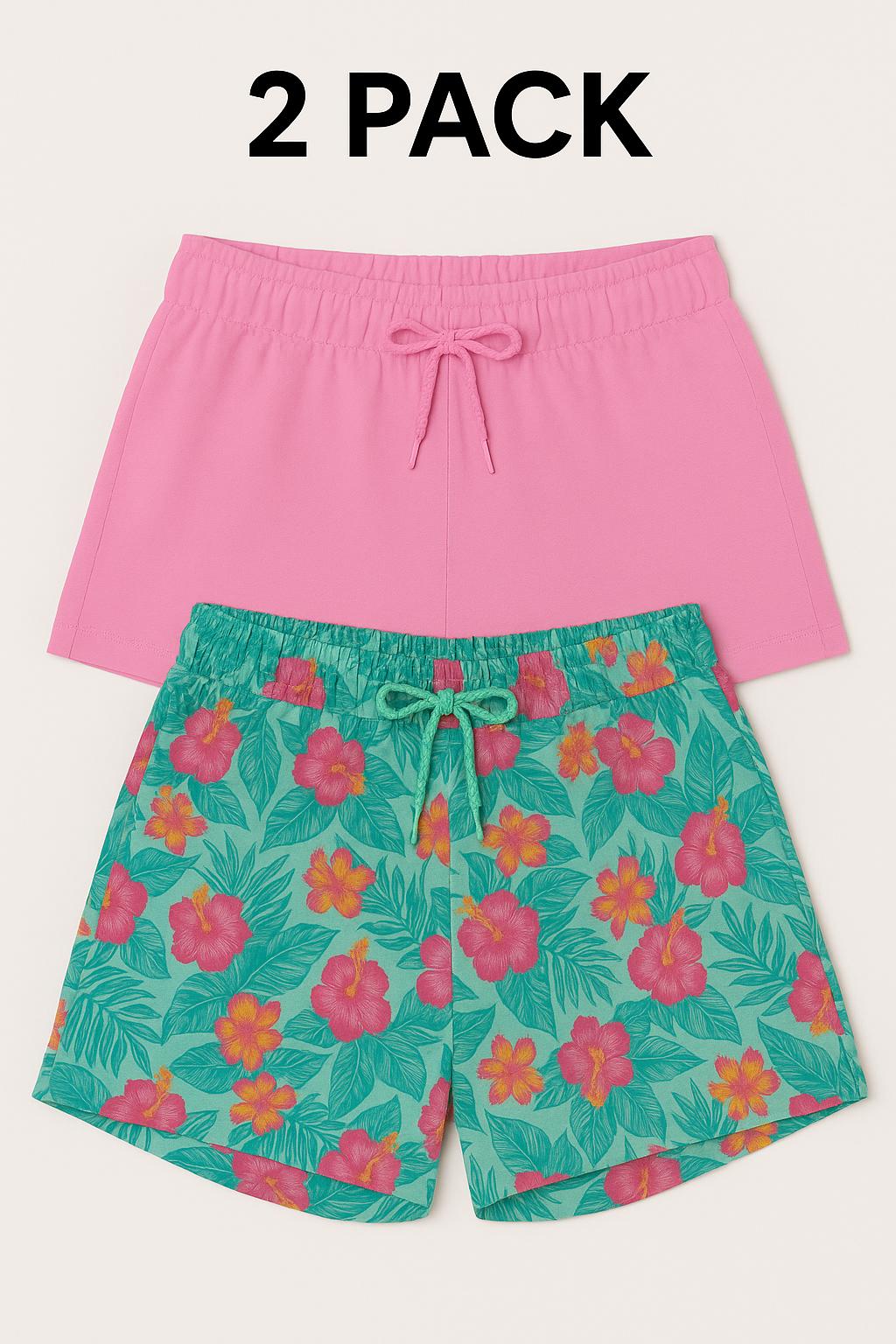 Girls' 2-Pack Summer Shorts Set – Solid Pink Tropical Floral Print