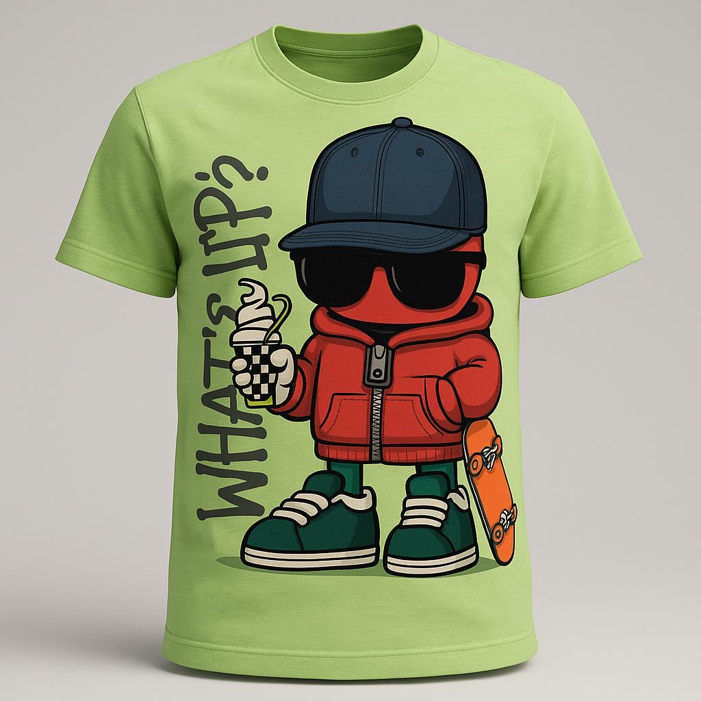 What’s Up?” Skater Graphic Tee – Lime Green | Boys Urban Cool T-Shirt