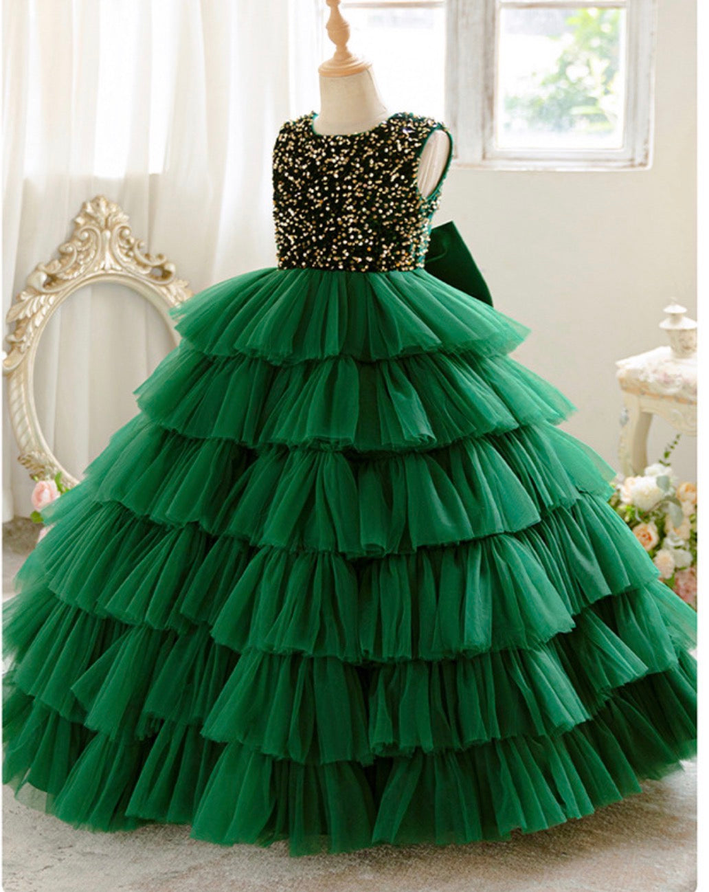 Cross-border girls dress puffy yarn cake skirt sequin stitching flower girl wedding evening dress high-end in stock wholesale Ball Dress Birthday Tulle Kids Bridesmaid