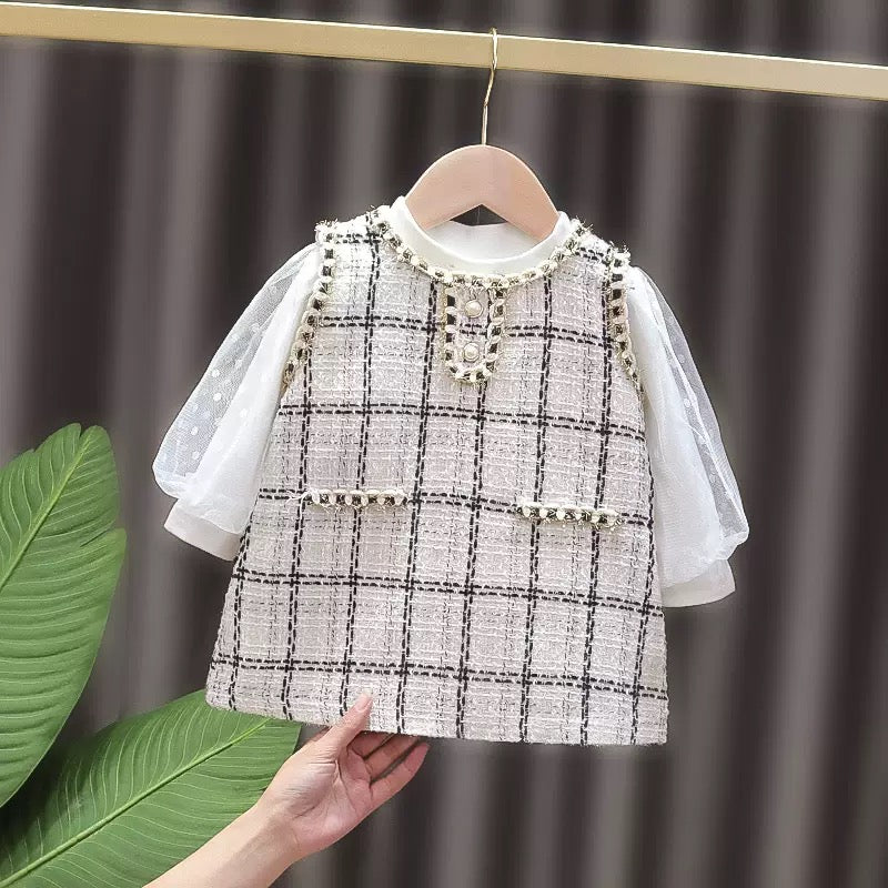 Baby Girl Two piece set, Long sleeve top and Pinafore dress, jumper Dress, Spring and Autumn Plaid Skirt, Toddler Girl Dress, young Girl Dress, 2 Plaid Patterns Jacquard