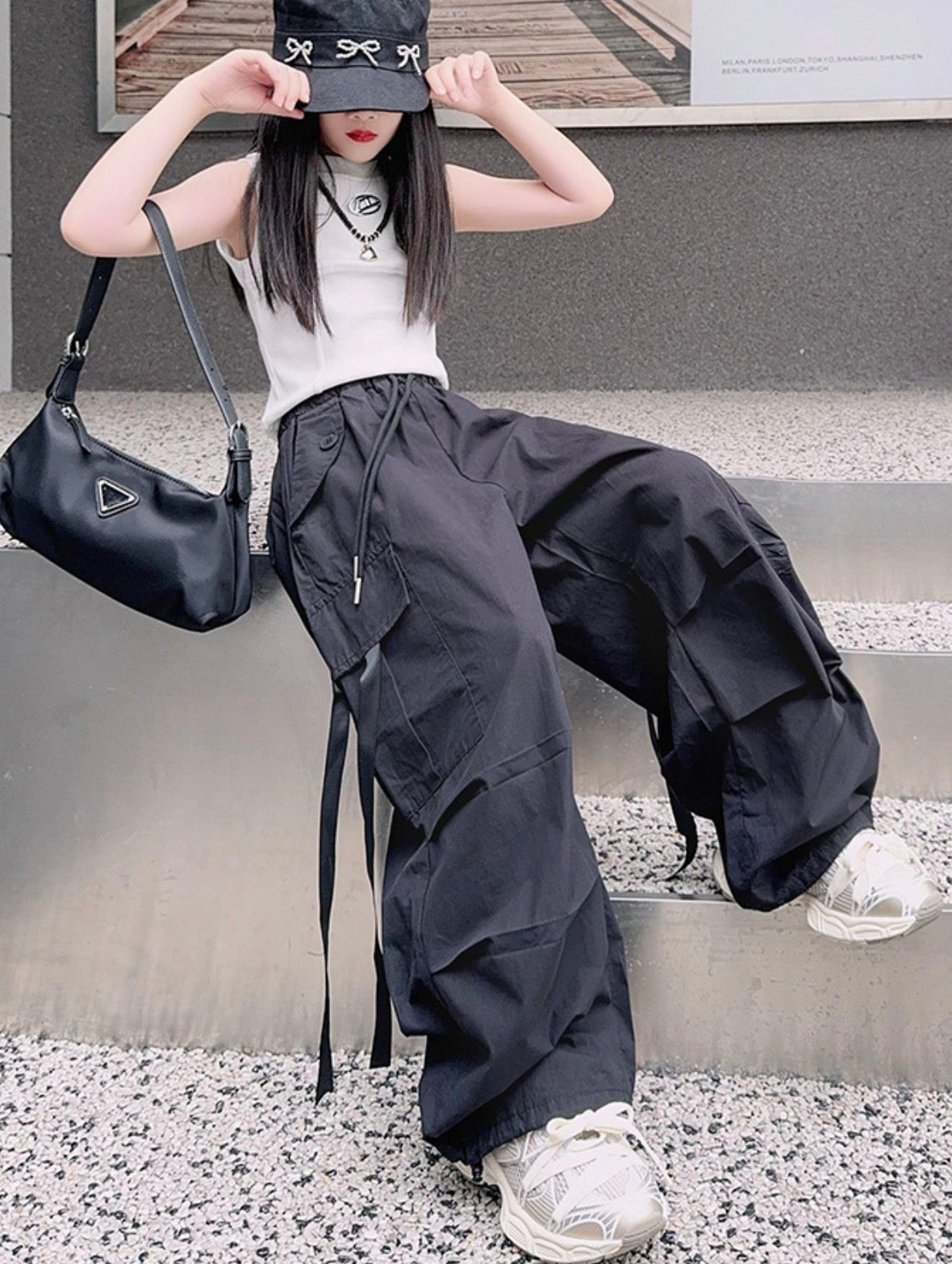 Girls' Summer Overalls Sweet Cool Street Girls' Fashion ELasticated Waist Loose Wide Leg Pants Korean Style Baggy Thin Spring and Autumn Trousers Cargo Black