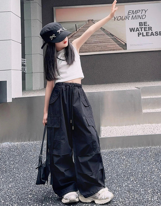 Girls' Summer Overalls Sweet Cool Street Girls' Fashion ELasticated Waist Loose Wide Leg Pants Korean Style Baggy Thin Spring and Autumn Trousers Cargo Black