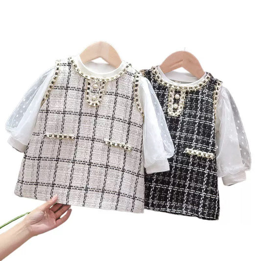 Baby Girl Two piece set, Long sleeve top and Pinafore dress, jumper Dress, Spring and Autumn Plaid Skirt, Toddler Girl Dress, young Girl Dress, 2 Plaid Patterns Jacquard