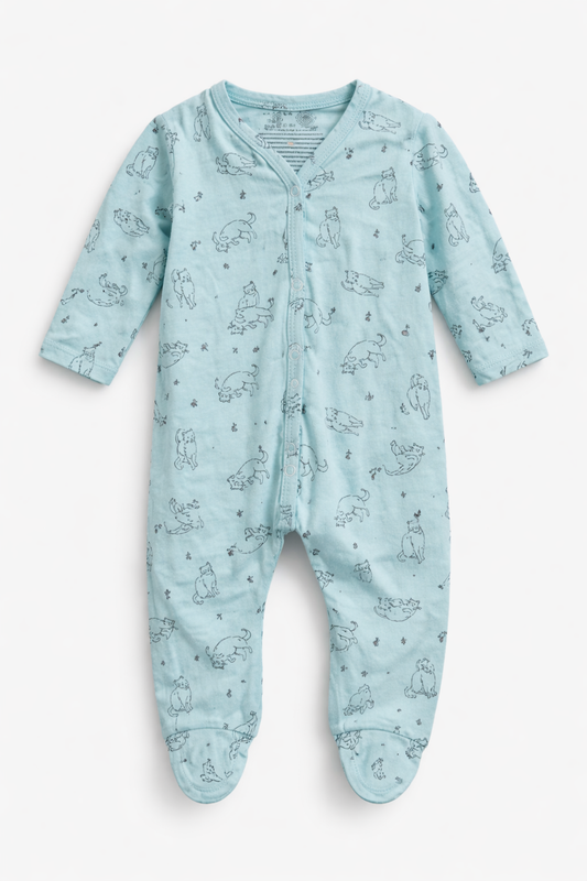Baby Turquoise Cat Print Footed Sleepsuit | Soft Cotton Baby Onesie