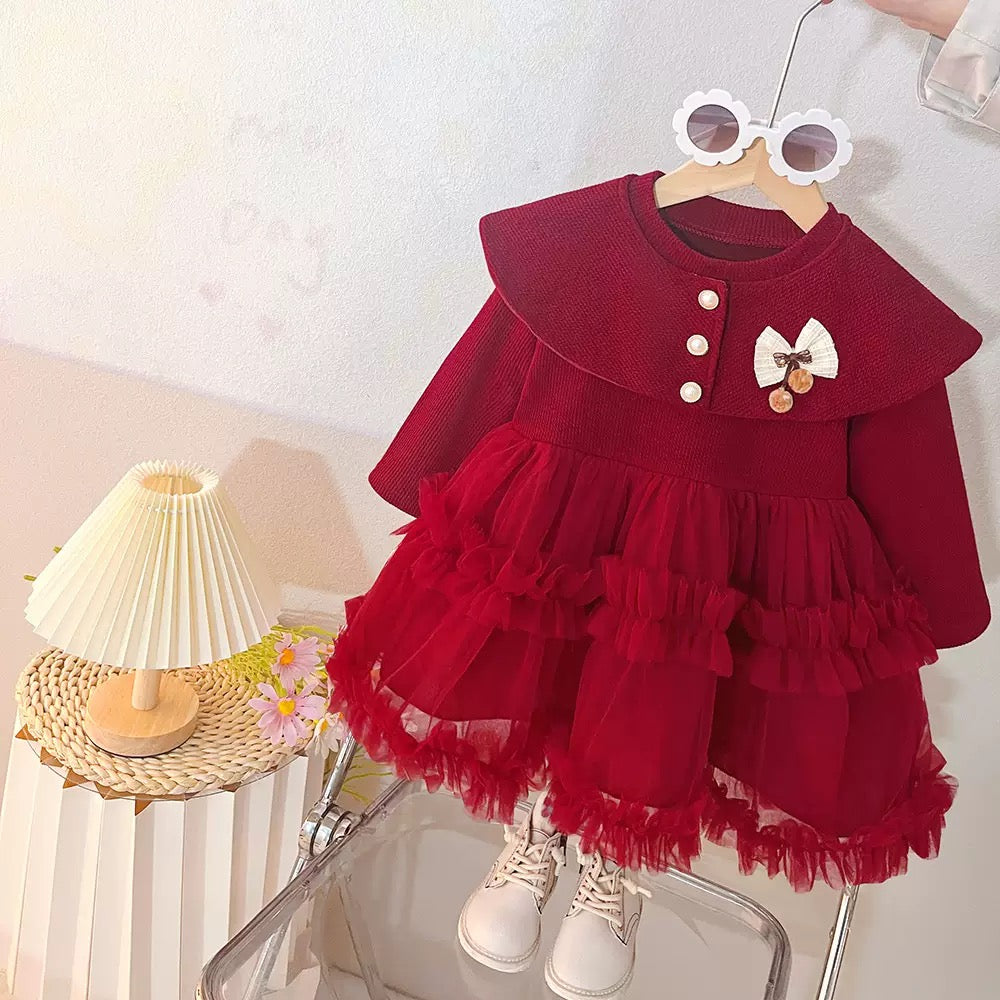 Trendy Children's Wear Girls' dress Spring and Autumn New Children's Baby Girls' Shawl Collar Poncho Yarn Princess Dress Foreign Style