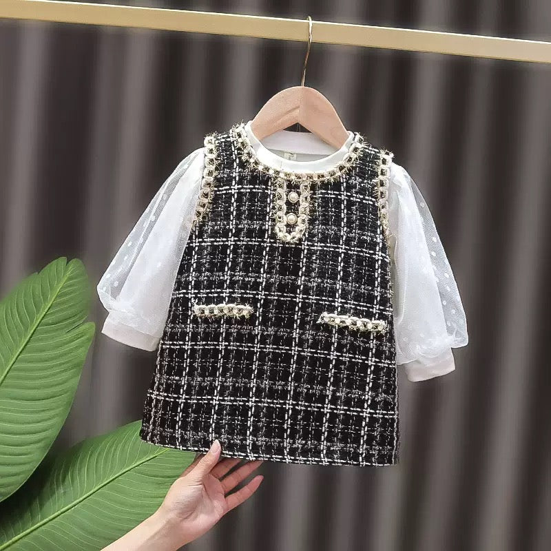 Baby Girl Two piece set, Long sleeve top and Pinafore dress, jumper Dress, Spring and Autumn Plaid Skirt, Toddler Girl Dress, young Girl Dress, 2 Plaid Patterns Jacquard