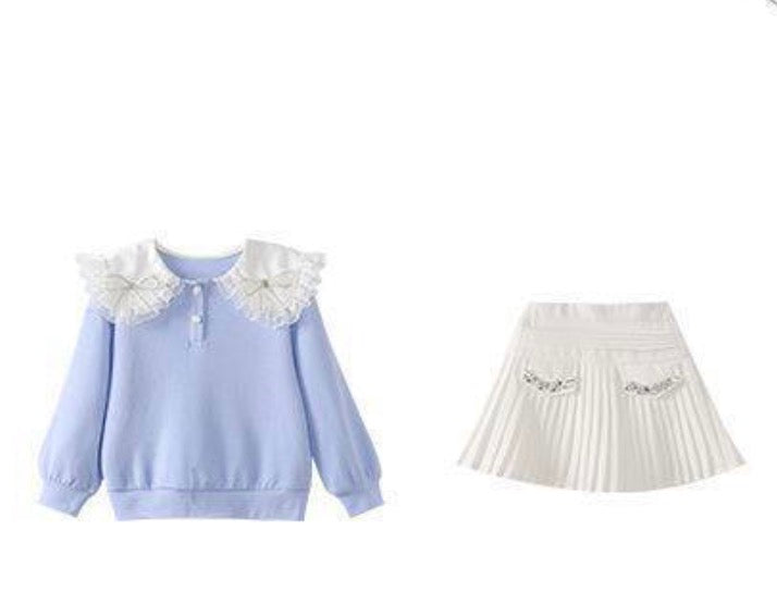 Girls' Sweatshirt and Pleated Skirt Set  Autumn New Style Two-Piece Set with Bow Tie Preppy Style