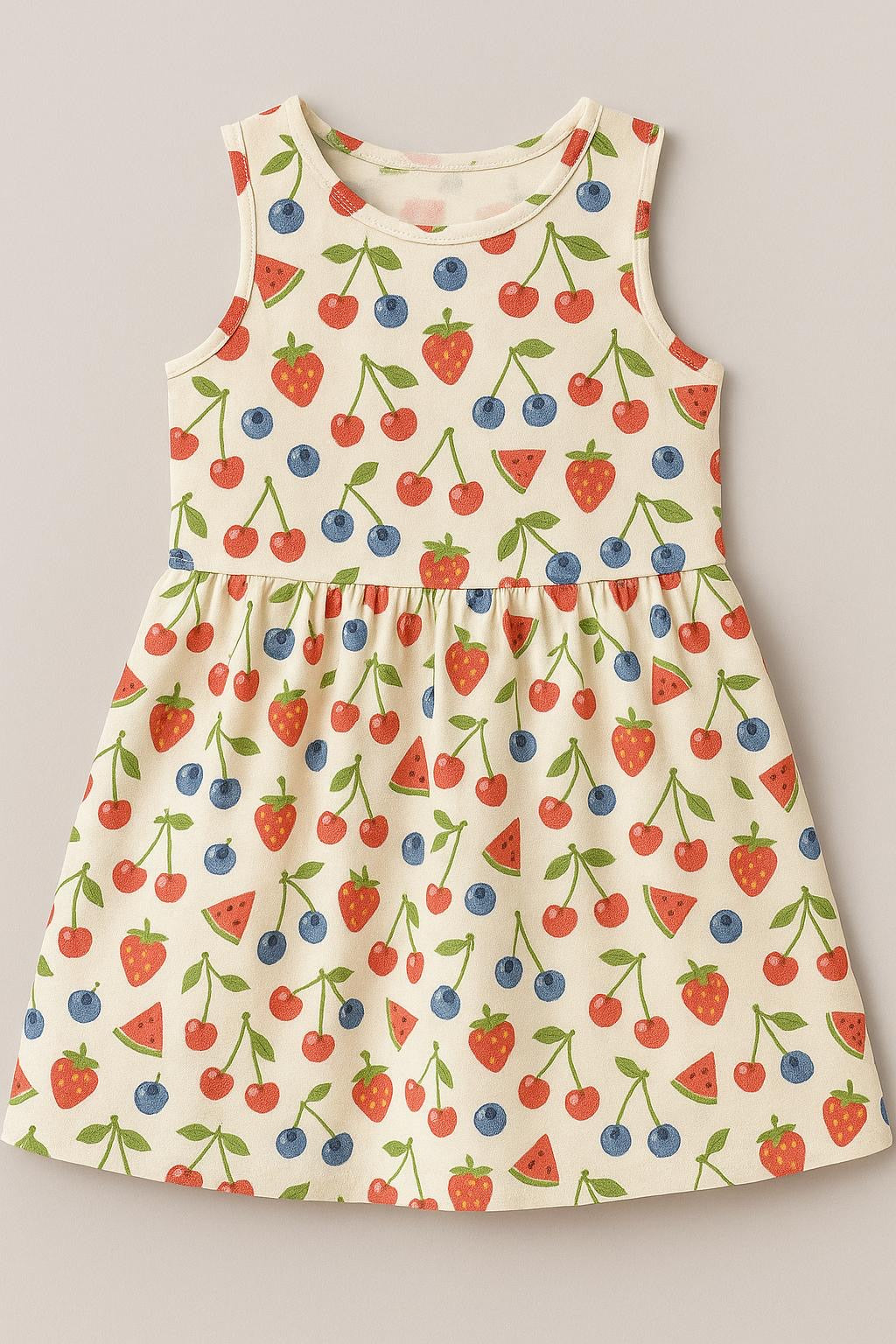Sweet & Fruity Sleeveless Dress – Cream | Girls Summer Fruit Print Dress