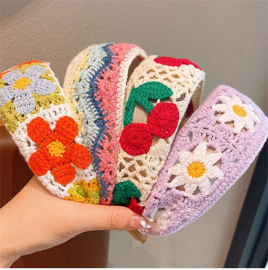 Children's Knitted Embroidered Wool Flower Headband Girl's Finishing Broken Hair Artifact Girl's Wide-brimmed Headband Bangs Hair Clips Ladies Band
