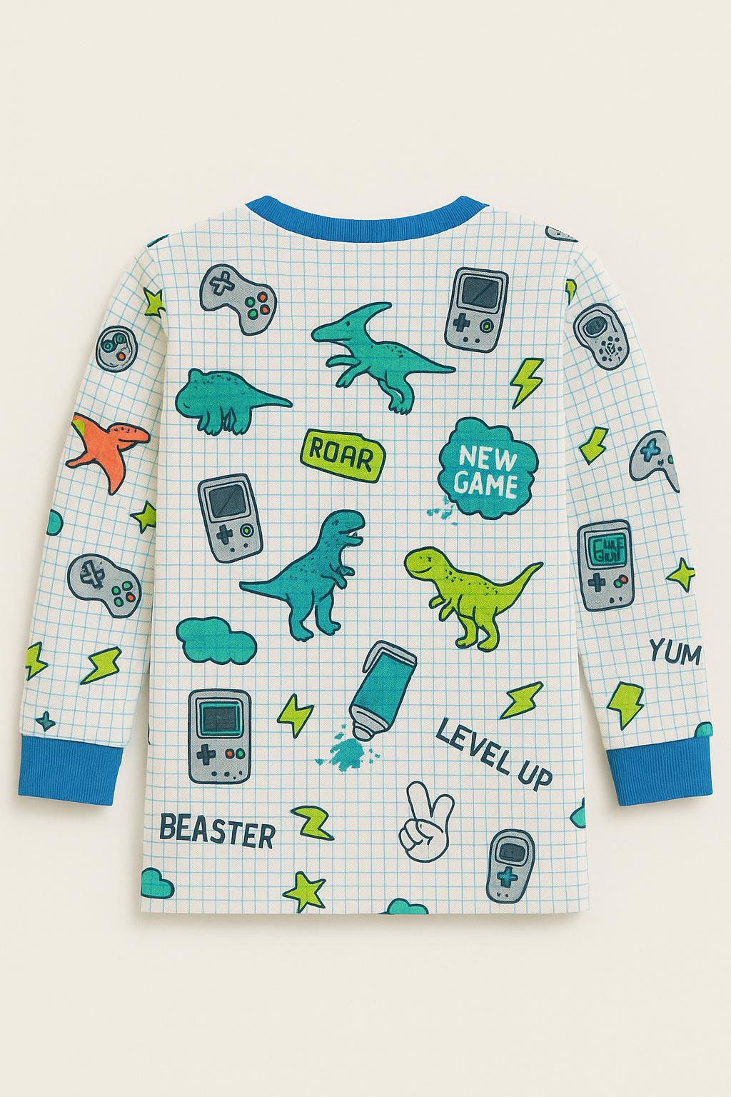 Dino Gamer Long Sleeve Tee – Multicolor | Kids Graphic Print Top