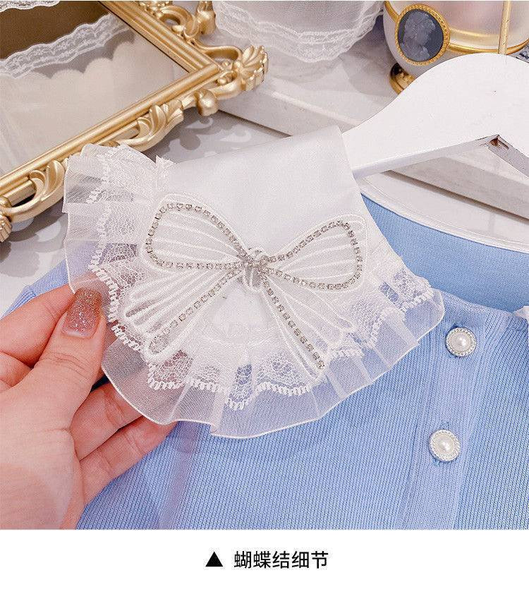 Girls' Sweatshirt and Pleated Skirt Set  Autumn New Style Two-Piece Set with Bow Tie Preppy Style