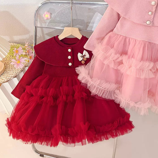 Trendy Children's Wear Girls' dress Spring and Autumn New Children's Baby Girls' Shawl Collar Poncho Yarn Princess Dress Foreign Style