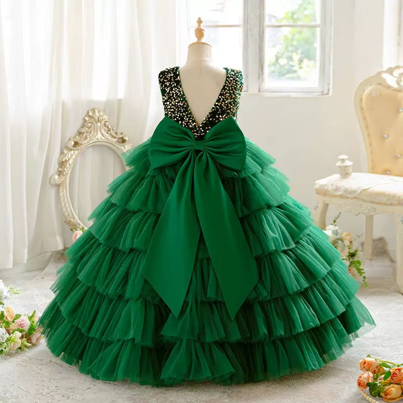 Cross-border girls dress puffy yarn cake skirt sequin stitching flower girl wedding evening dress high-end in stock wholesale Ball Dress Birthday Tulle Kids Bridesmaid