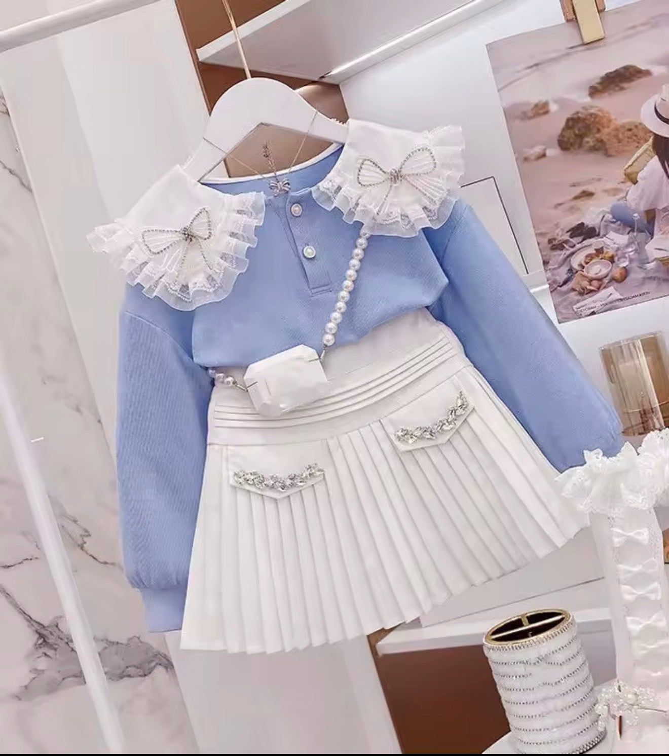 Girls' Sweatshirt and Pleated Skirt Set  Autumn New Style Two-Piece Set with Bow Tie Preppy Style