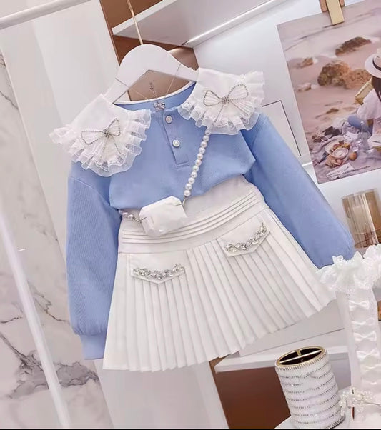 Girls' Sweatshirt and Pleated Skirt Set  Autumn New Style Two-Piece Set with Bow Tie Preppy Style