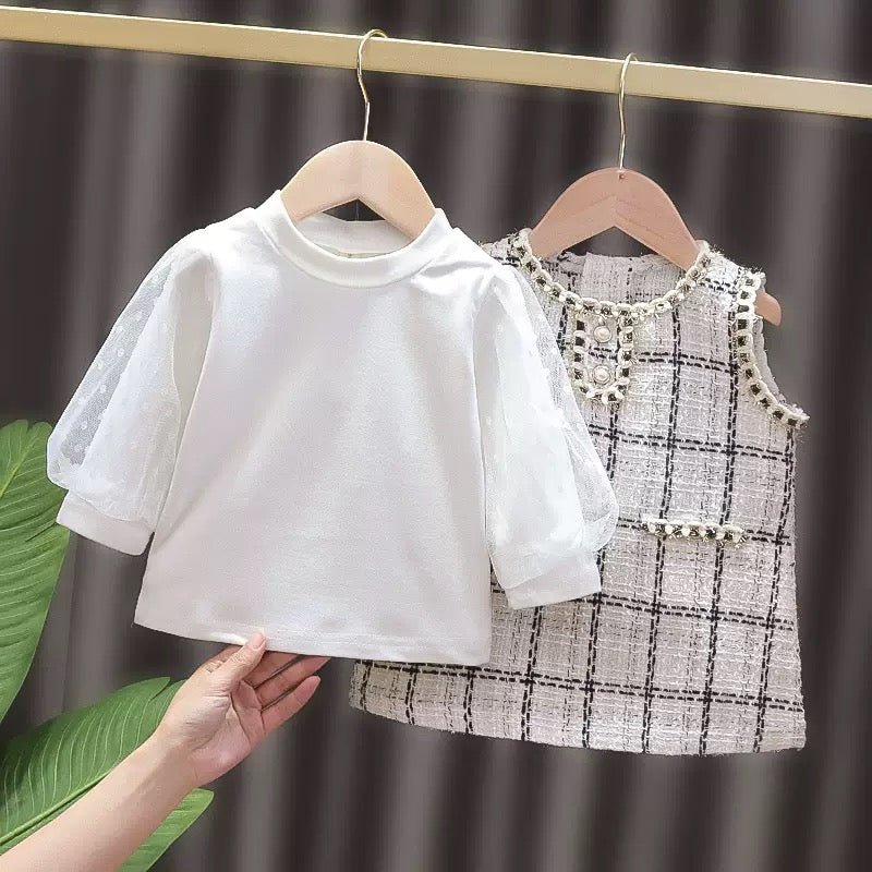 Baby Girl Two piece set, Long sleeve top and Pinafore dress, jumper Dress, Spring and Autumn Plaid Skirt, Toddler Girl Dress, young Girl Dress, 2 Plaid Patterns Jacquard