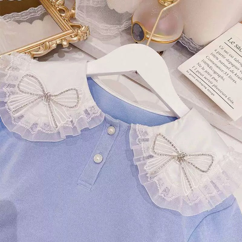 Girls' Sweatshirt and Pleated Skirt Set  Autumn New Style Two-Piece Set with Bow Tie Preppy Style