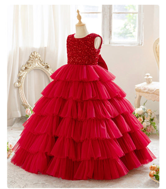 Cross-border girls dress puffy yarn cake skirt sequin stitching flower girl wedding evening dress high-end in stock wholesale Ball Dress Birthday Tulle Kids Bridesmaid
