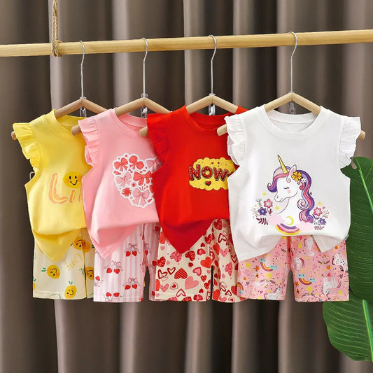 Girls Short-sleeved suit Cotton Summer New Girl Flying-sleeved Shorts Two-piece Set European and American Style Baby Summer Children's Wear Clothes Sets