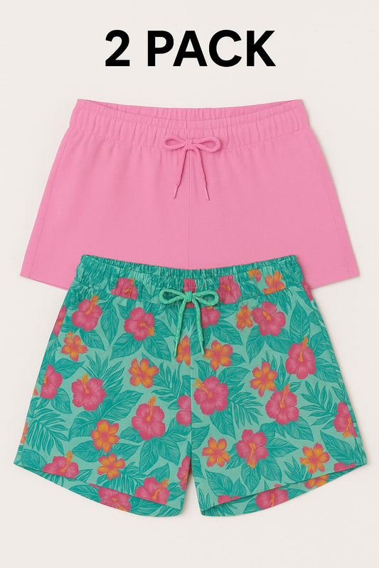 Girls' 2-Pack Summer Shorts Set – Solid Pink Tropical Floral Print